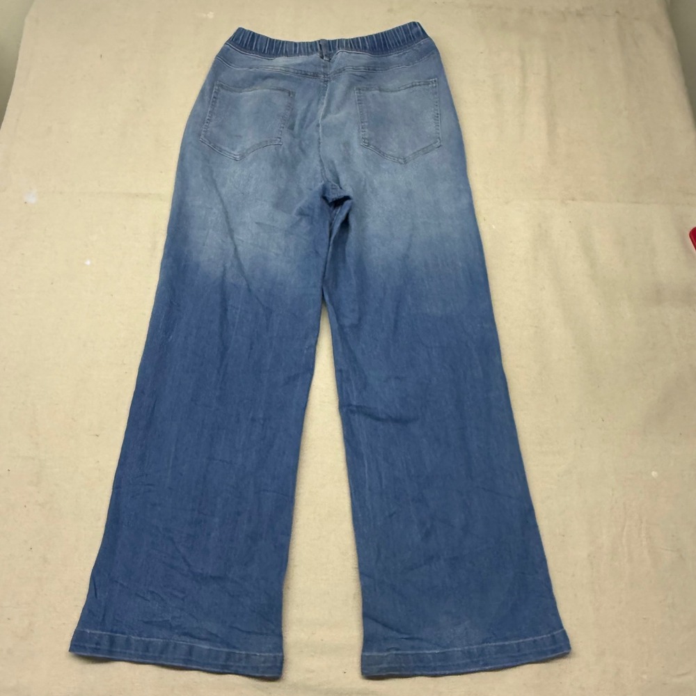 HREOIS Print Women Light Wash Elastic Waist Wide Leg Denim Jeans Blue Pull On